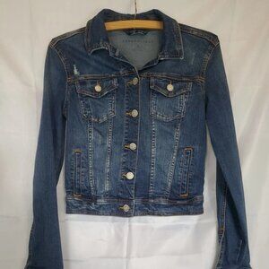 Aeropostale Distressed Cropped Denim Trucker Jacket - Medium Wash sz s